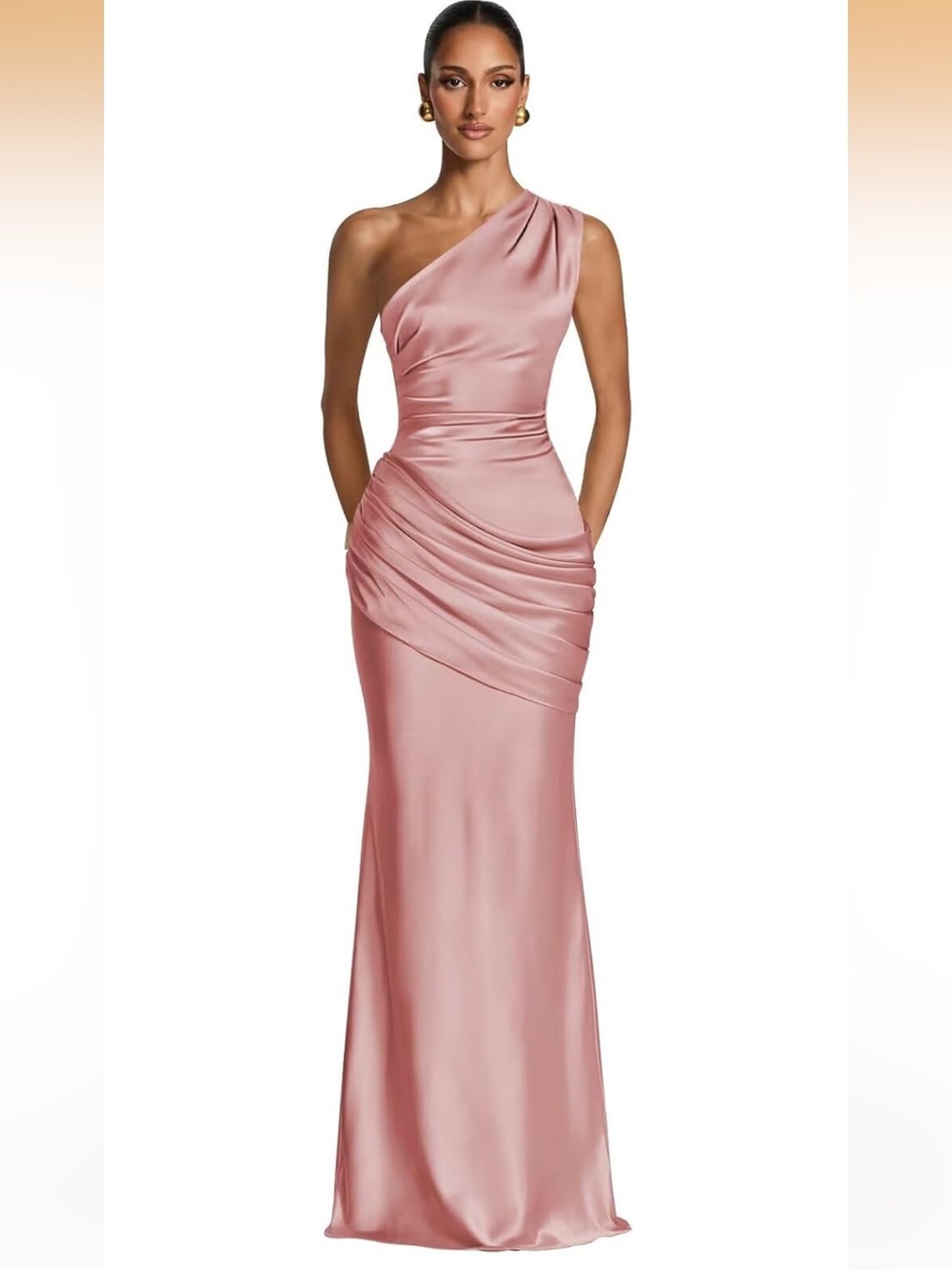 One-Shoulder Satin Evening Gown Bridesmaids Dress in Blush Pink